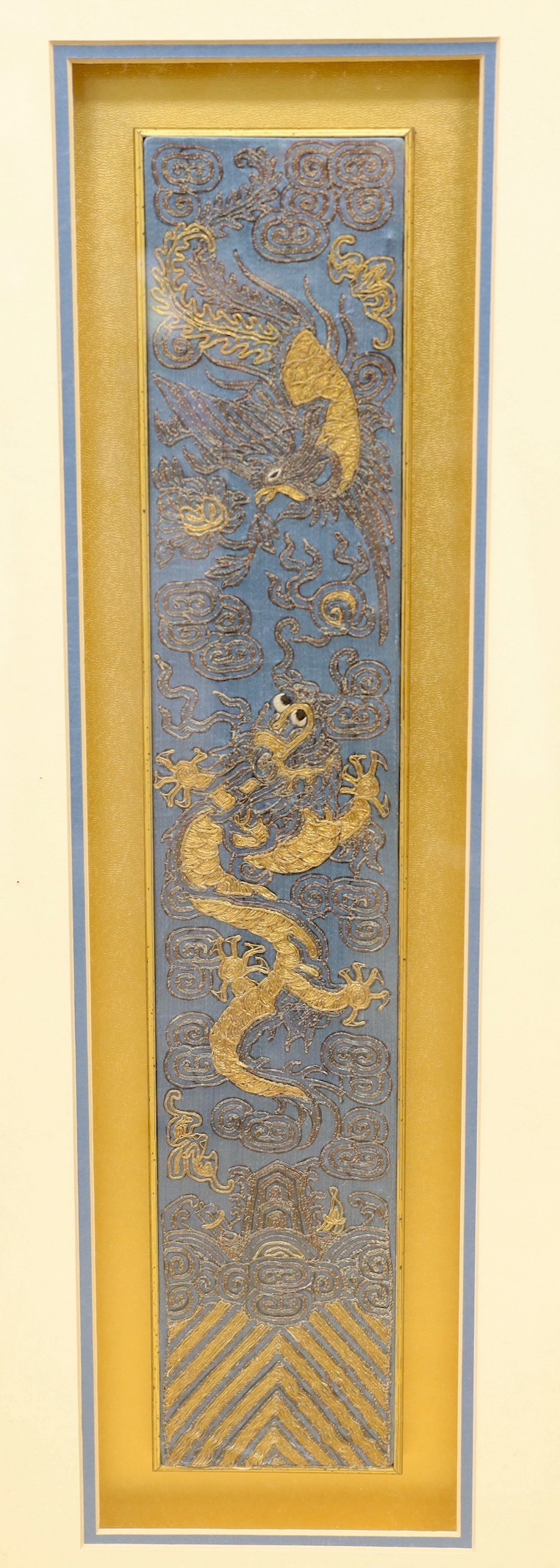 A pair of framed early 20th century Chinese metal thread embroidered ‘dragon’ design sleeve bands, - Image 3 of 4