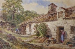 William Collingwood (1819-1903), watercolour, Landscape with figures beside a cottage, signed and