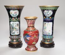 A pair of Chinese cloisonné enamel beaker vases and a dragon vase, pair of vases 27cm