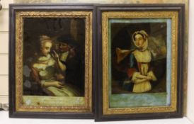 Two early 19th century reverse prints on glass, ‘The Positive Argument’ and ‘March’, 36 x 26cm