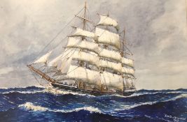 R.W. Underwood, watercolour, Clipper ship at sea, signed and dated 1933, 27 x 40cm