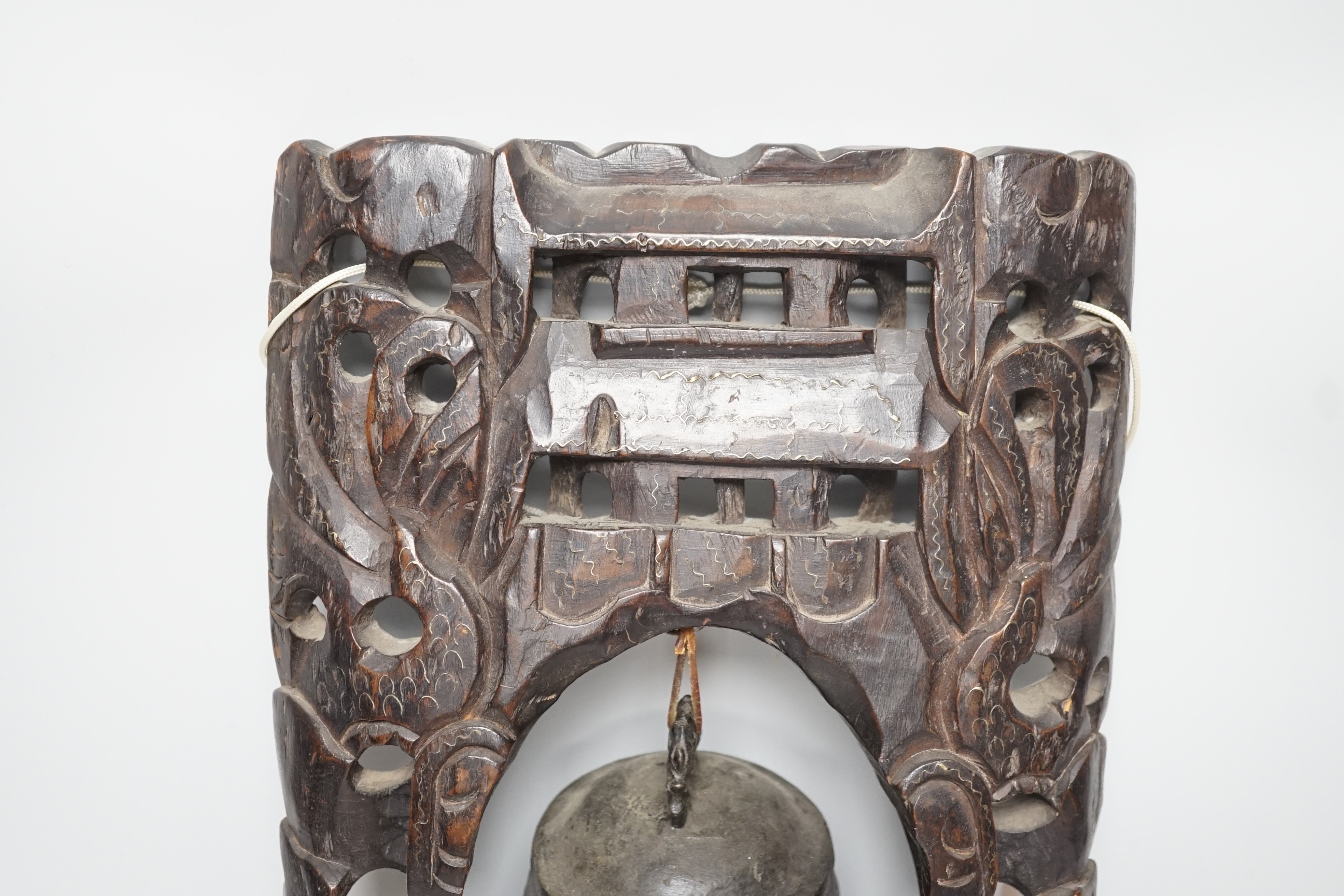 A Chinese bronze bell with wire inlaid carved hardwood stand, 44cm - Image 4 of 6