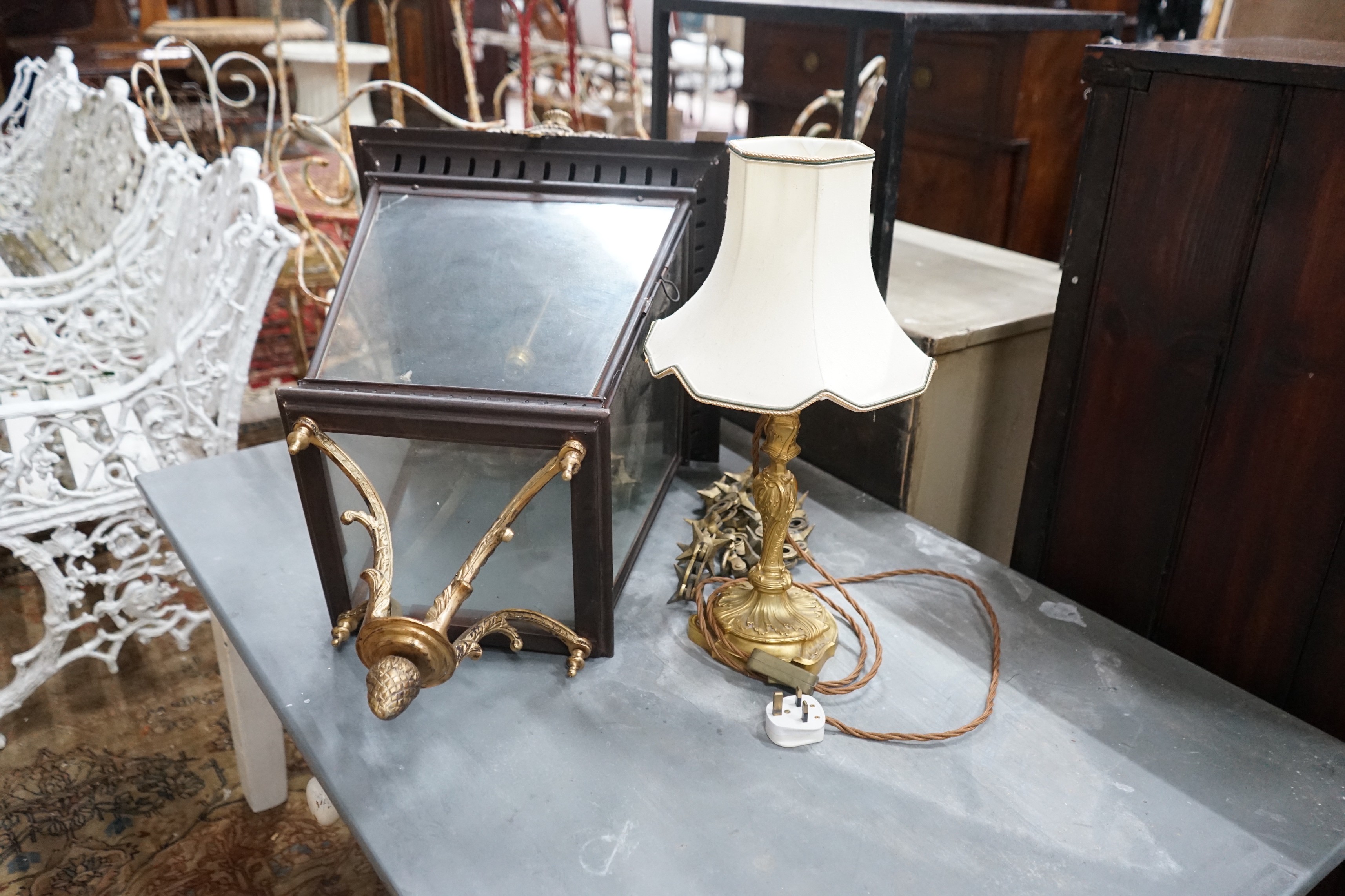 A Victorian style lantern and chain, height 108cm together with a gilt metal table lamp - Image 3 of 3