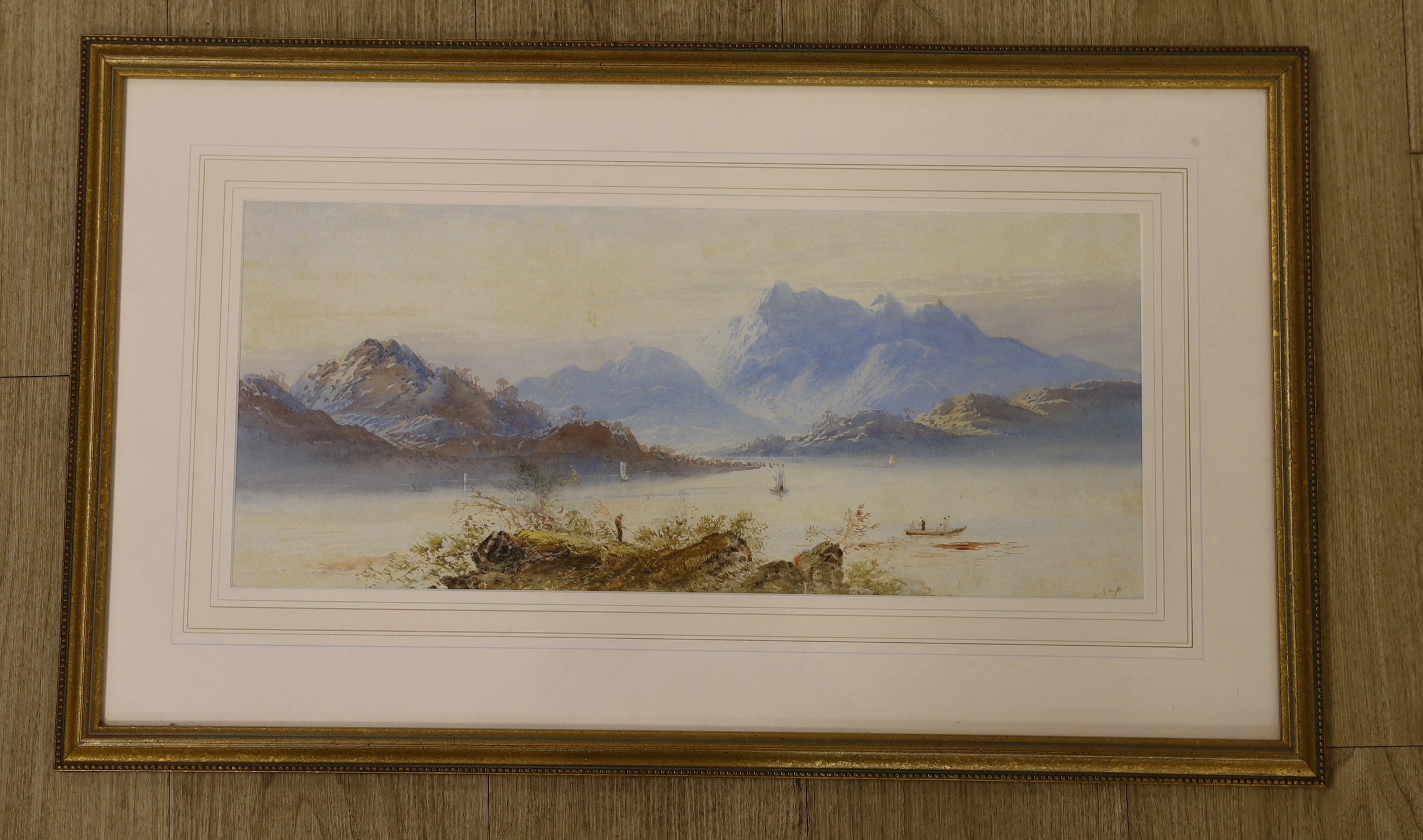 William Earp (1831-1914), watercolour, Loch scene, signed, 22 x 51cm - Image 2 of 2