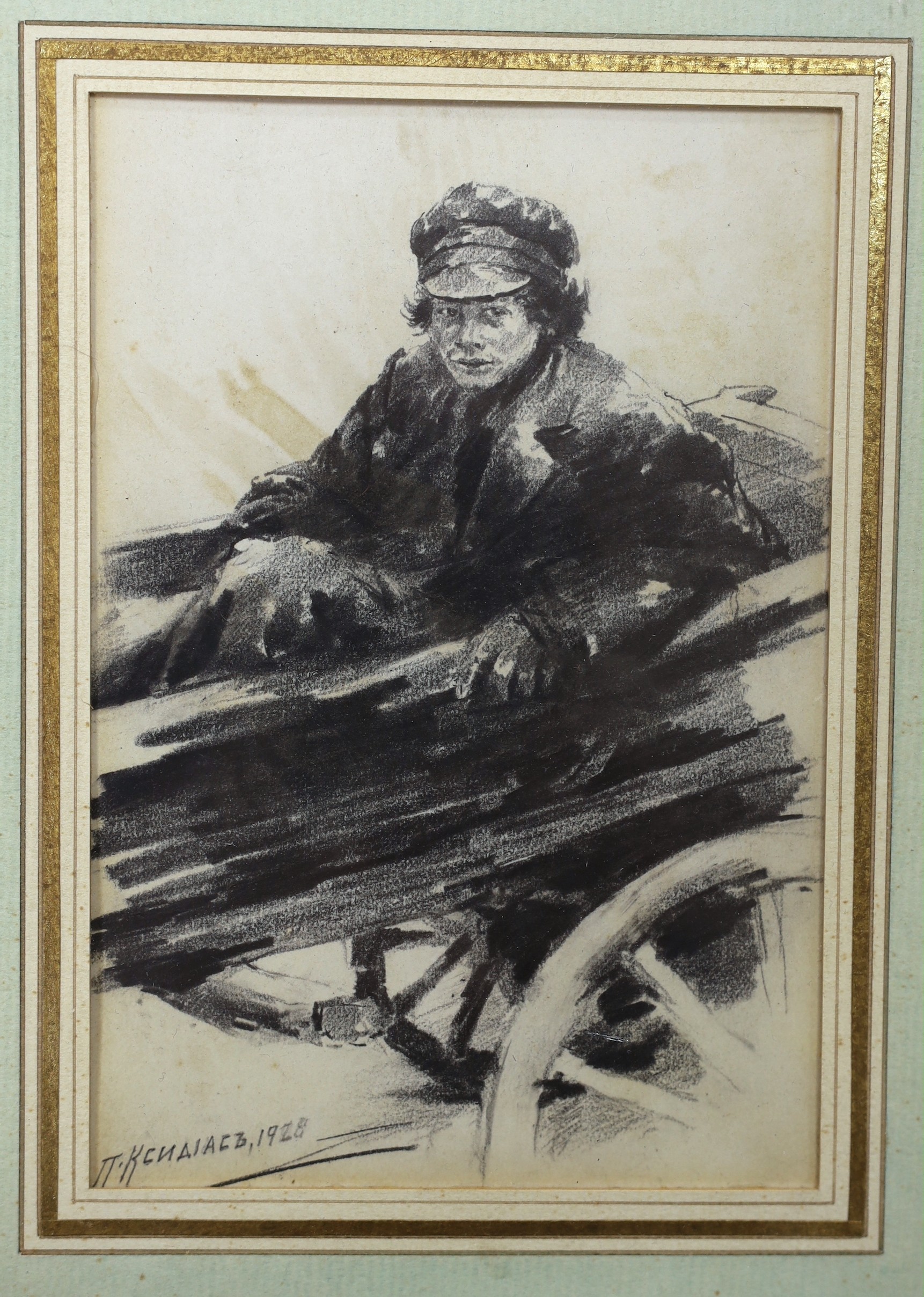 Attributed to Pericles Spiridonovich Ksidias (Greek, 1872-1942), pencil drawing, Figure in a cart,