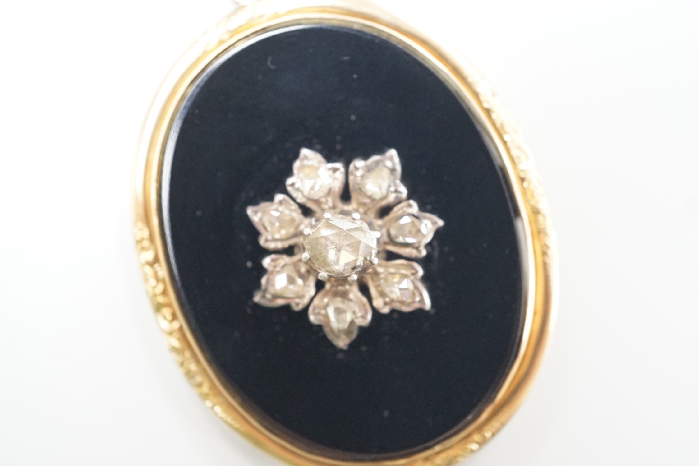 A Victorian yellow metal mounted, rose cut diamond set black onyx oval pendant, overall 56mm, - Image 2 of 4