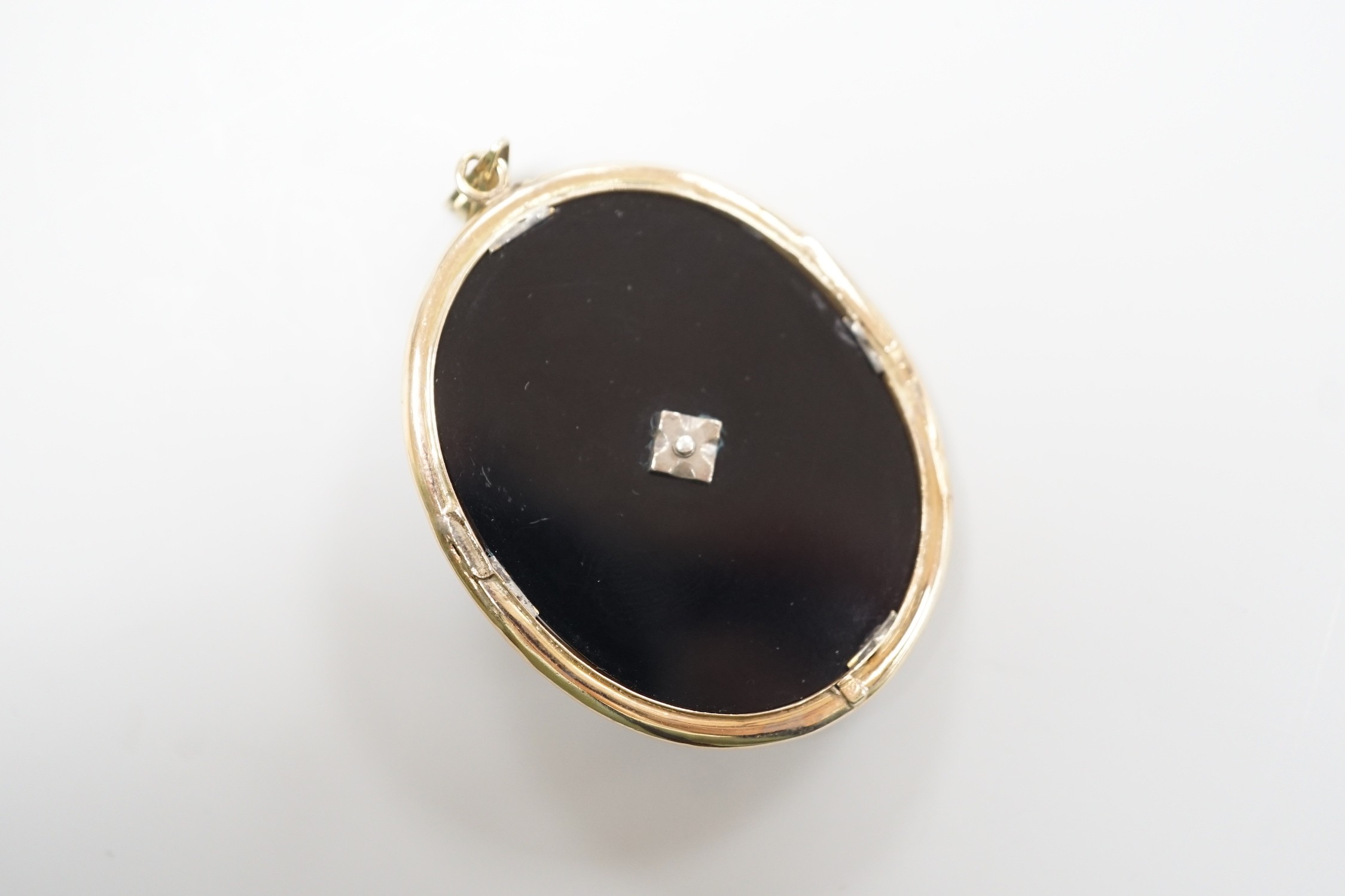 A Victorian yellow metal mounted, rose cut diamond set black onyx oval pendant, overall 56mm, - Image 3 of 4