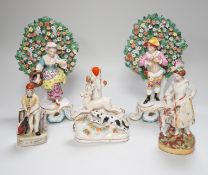 A pair of Derby style bocage figures and three other figures, tallest 26cms high,