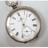 A Swiss open faced keywind pocket watch, retailed by Lovejoy, Wimbledon, with Roman dial and key.