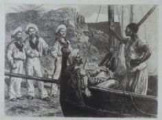 John Evan Hodgson (1831-1945), engraving, Sailors on a foreign shore, signed in pencil, 18 x 24cm