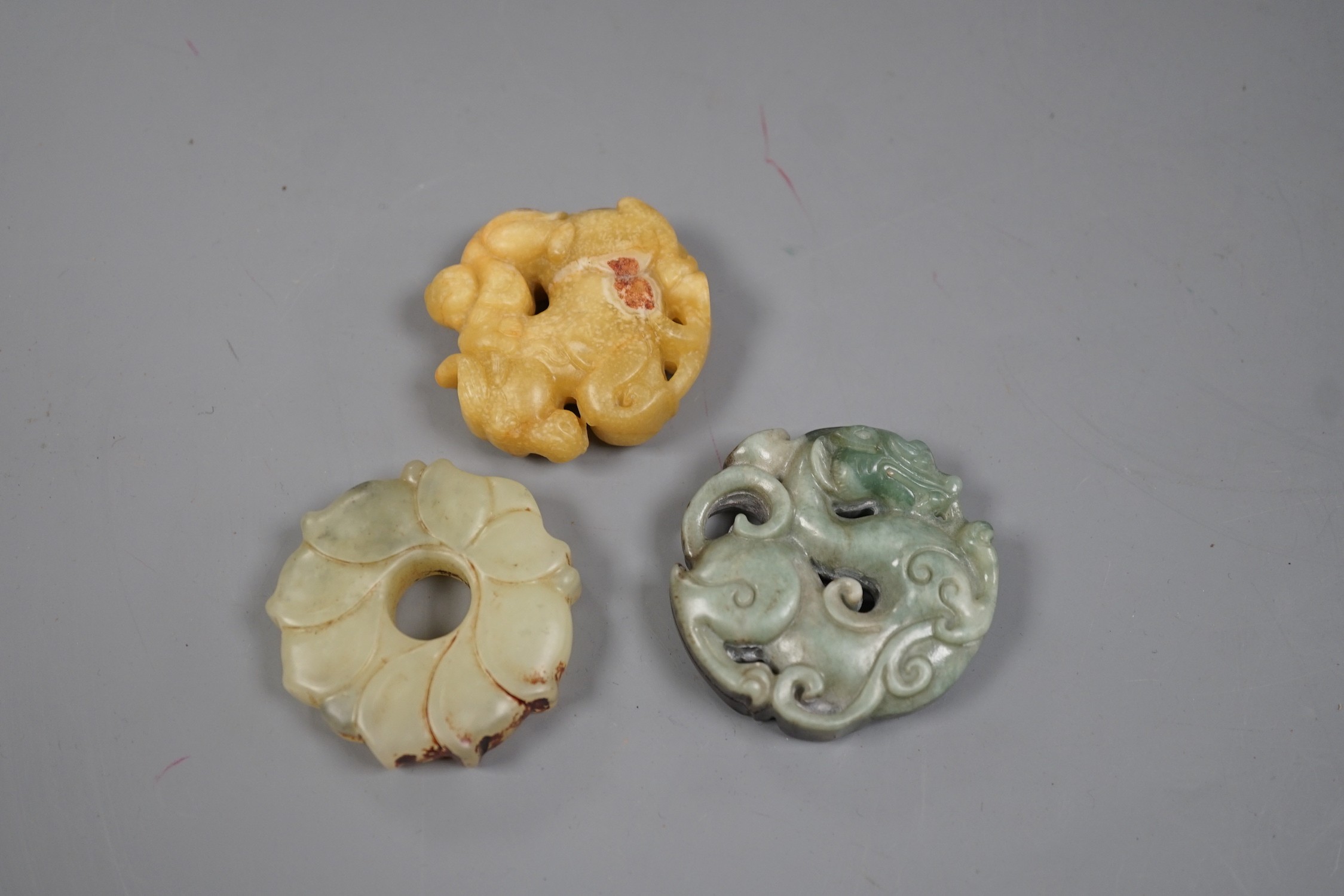 Three Chinese russet jade or hardstone bi discs - Image 2 of 3