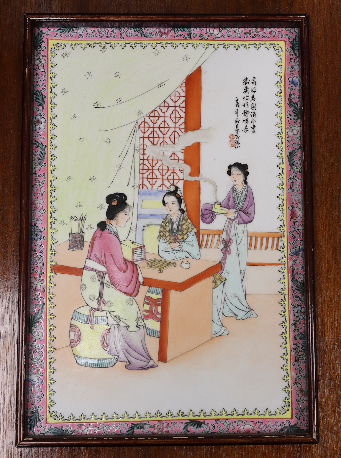 A set of four mid 20th century framed Chinese famille rose plaques, 55x38cm including frame - Image 3 of 5