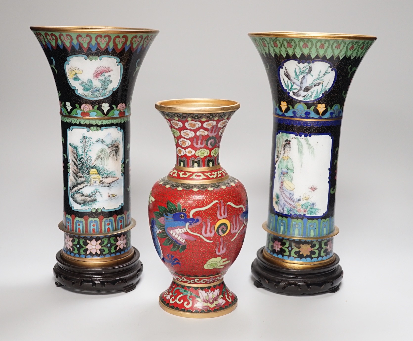 A pair of Chinese cloisonné enamel beaker vases and a dragon vase, pair of vases 27cm - Image 2 of 11