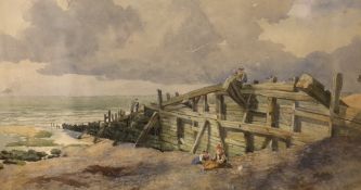 P. Davidson (19th C.), watercolour, Coastal scene with figures beside a groyne, Brighton,