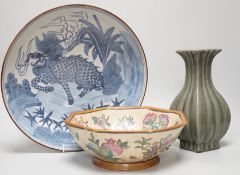 A Chinese blue and white ‘qilin’ dish, an octagonal bowl and a Korean celadon vase (3) largest