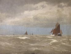 Lauritz Bernard Holst (Danish, 1848-1934), oil on canvas, sketch of fishing boats at sea, signed, 31