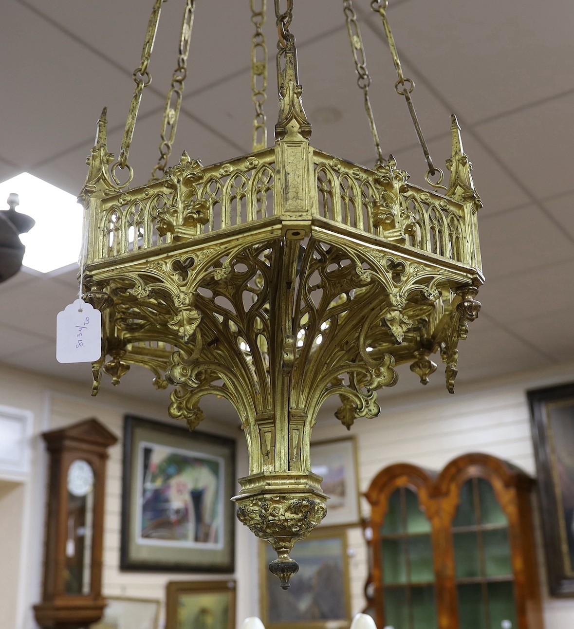 A Neo Gothic 19th century ormolu three light ceiling light, 115cm drop from rose - Image 2 of 3