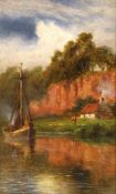 Robert Gallon (1845-1925), oil on canvas, River landscape with sail boat and thatched cottage,