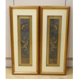 A pair of framed early 20th century Chinese metal thread embroidered ‘dragon’ design sleeve bands,