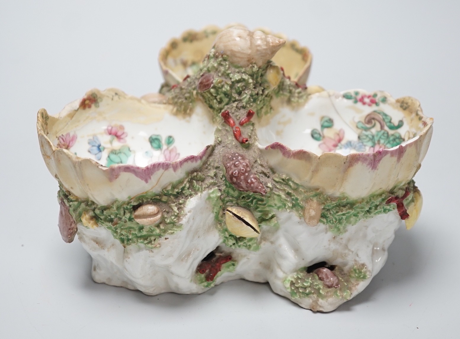 A Bow 'shell' sweetmeat centrepiece, c.1760, restored, 13cms high