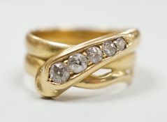 A late Victorian18ct gold and graduated five stone diamond set serpent ring, Hallmarked for Chester,