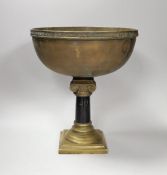 A brass bowl with Ionic column stand, 30cm high