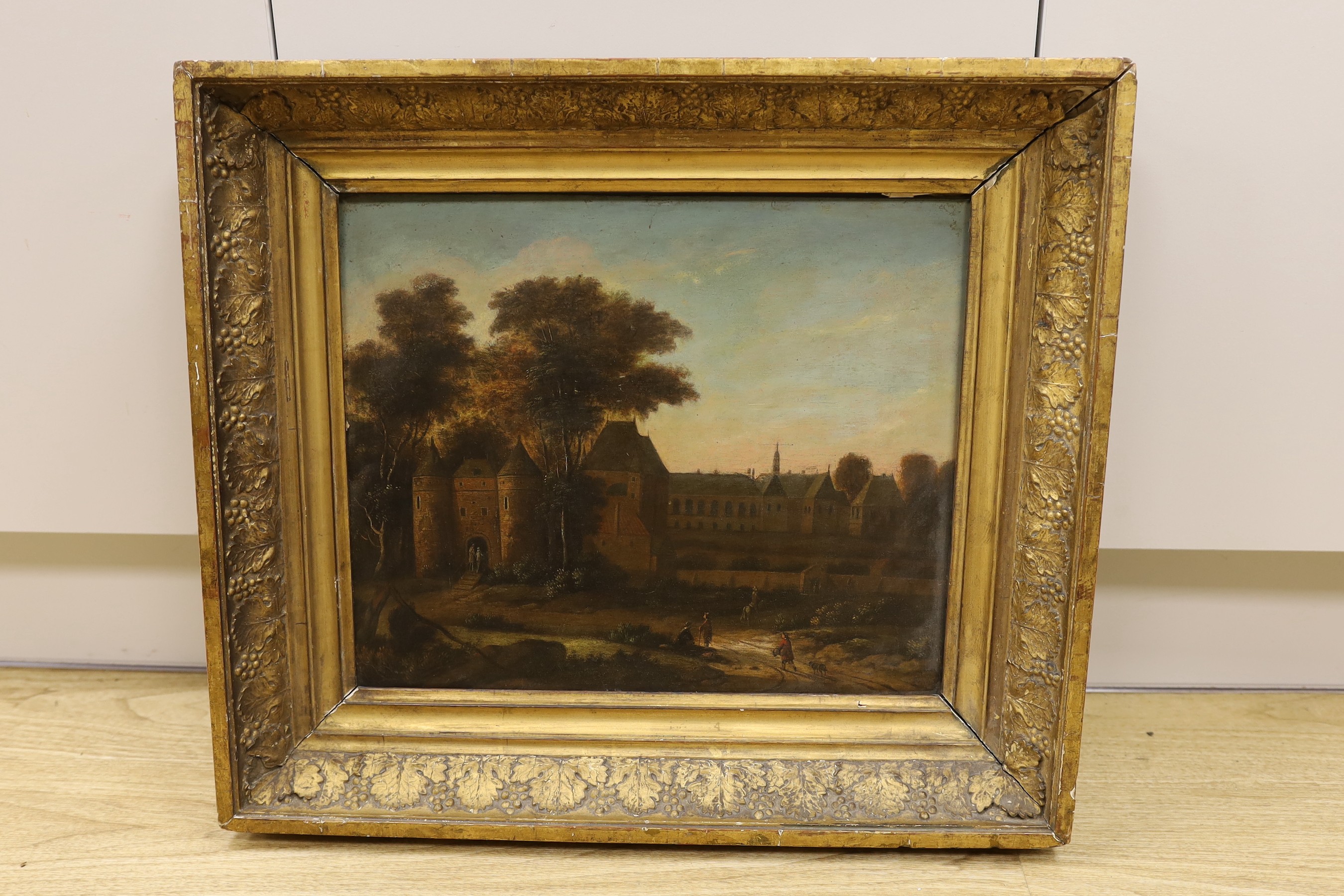19th century Continental School, oil on wooden panel, View of a chateau, 35 x 41cm - Image 2 of 2