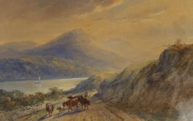 Henry Earp Snr (1831-1914), watercolour, Cattle drover passing a loch, signed, 33 x 49cm
