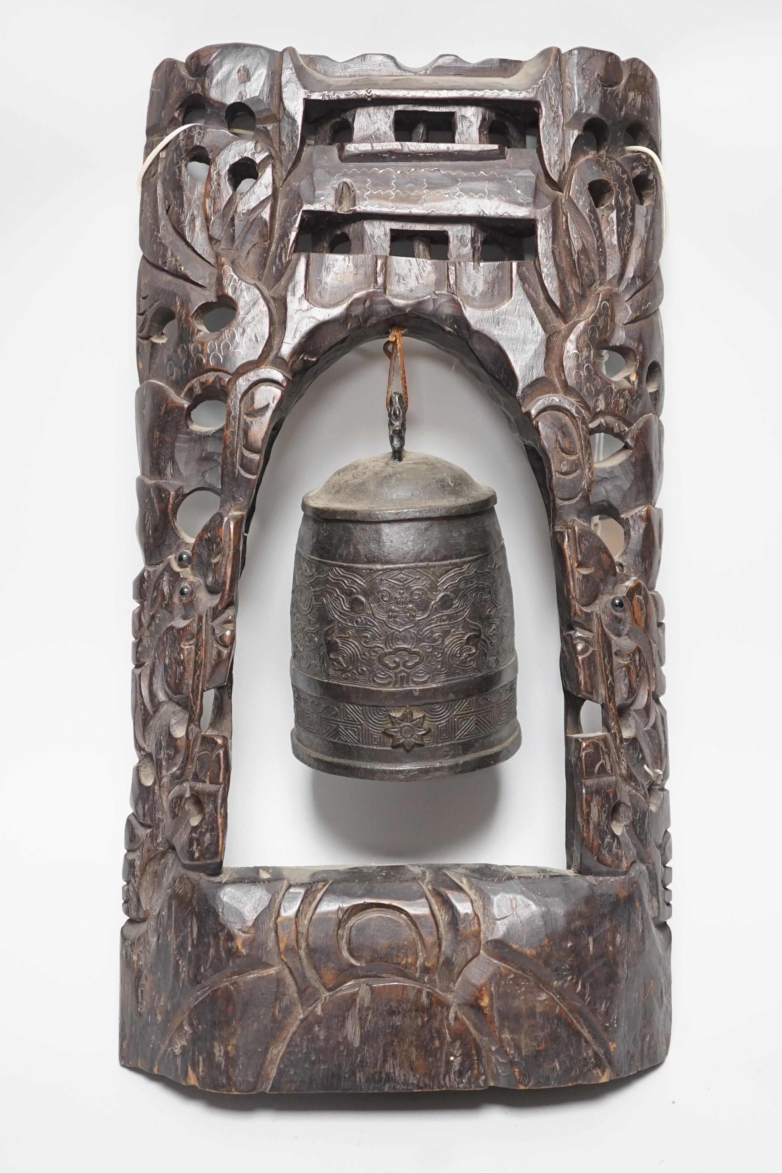 A Chinese bronze bell with wire inlaid carved hardwood stand, 44cm - Image 2 of 6