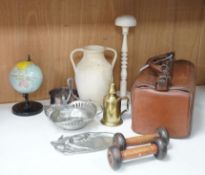 A Gladstone bag, a WMF dish, a globe and various collectibles, bag 36cms wide