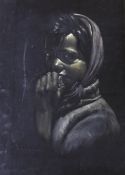 Yosdoapanab, oil on fabric, Portrait of a child wearing a headscarf, signed, 66 x 48cm