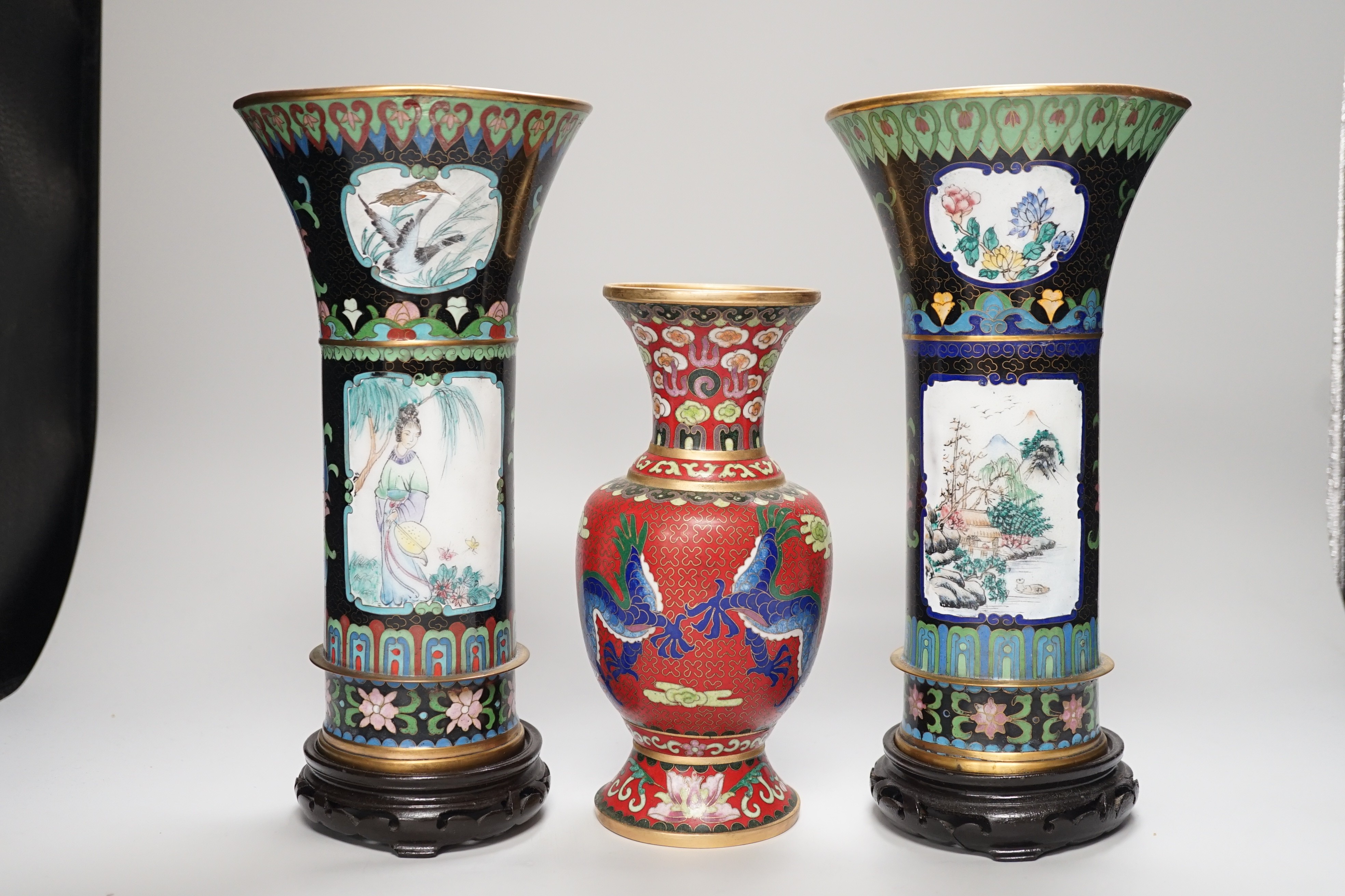 A pair of Chinese cloisonné enamel beaker vases and a dragon vase, pair of vases 27cm - Image 6 of 11