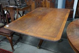 A George III satinwood banded rectangular mahogany tilt top dining table, length 152cm, depth 104cm,