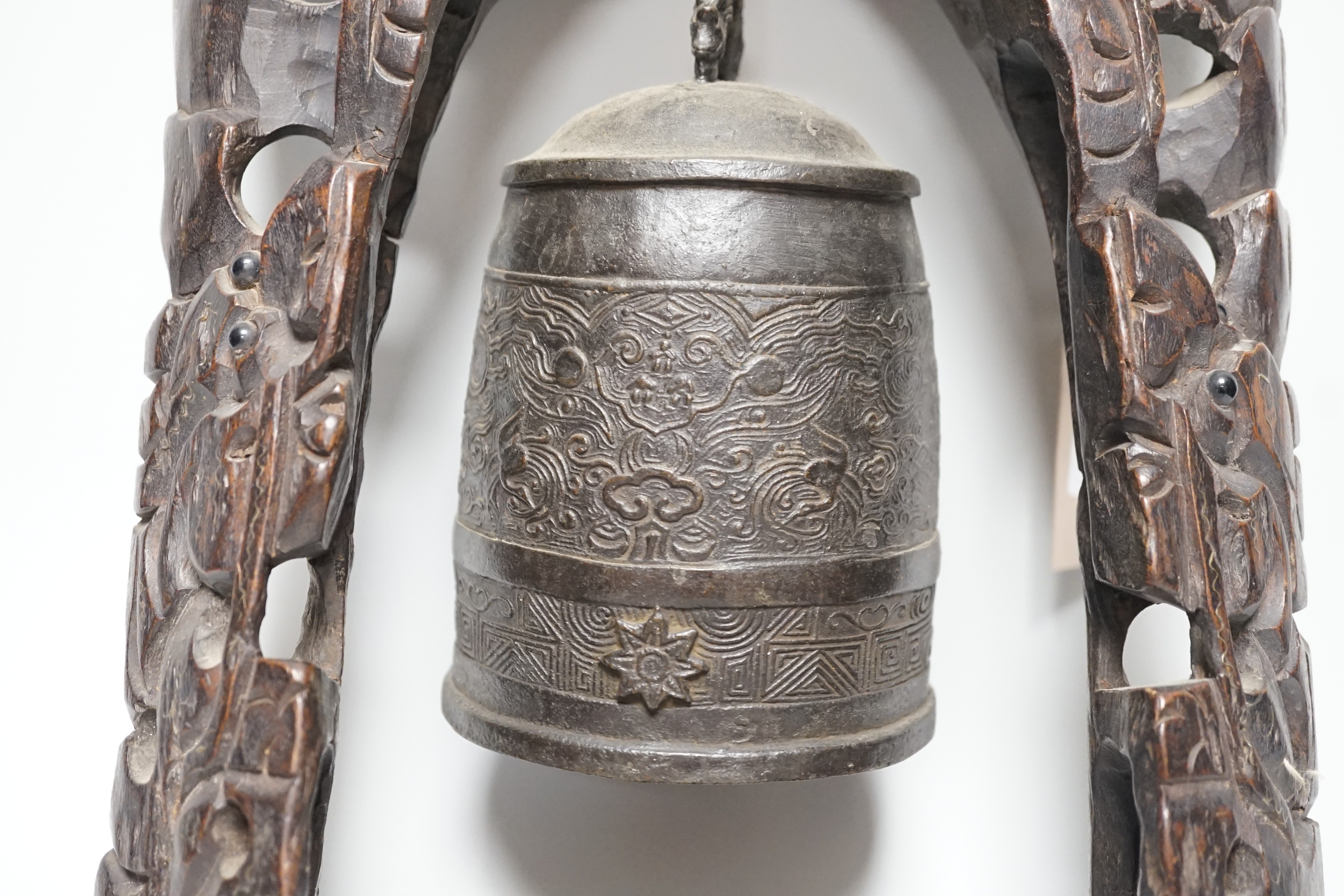 A Chinese bronze bell with wire inlaid carved hardwood stand, 44cm - Image 3 of 6