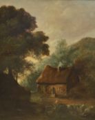 19th century English School, oil on canvas, Cottage and horse cart in a landscape, 74 x 61cm