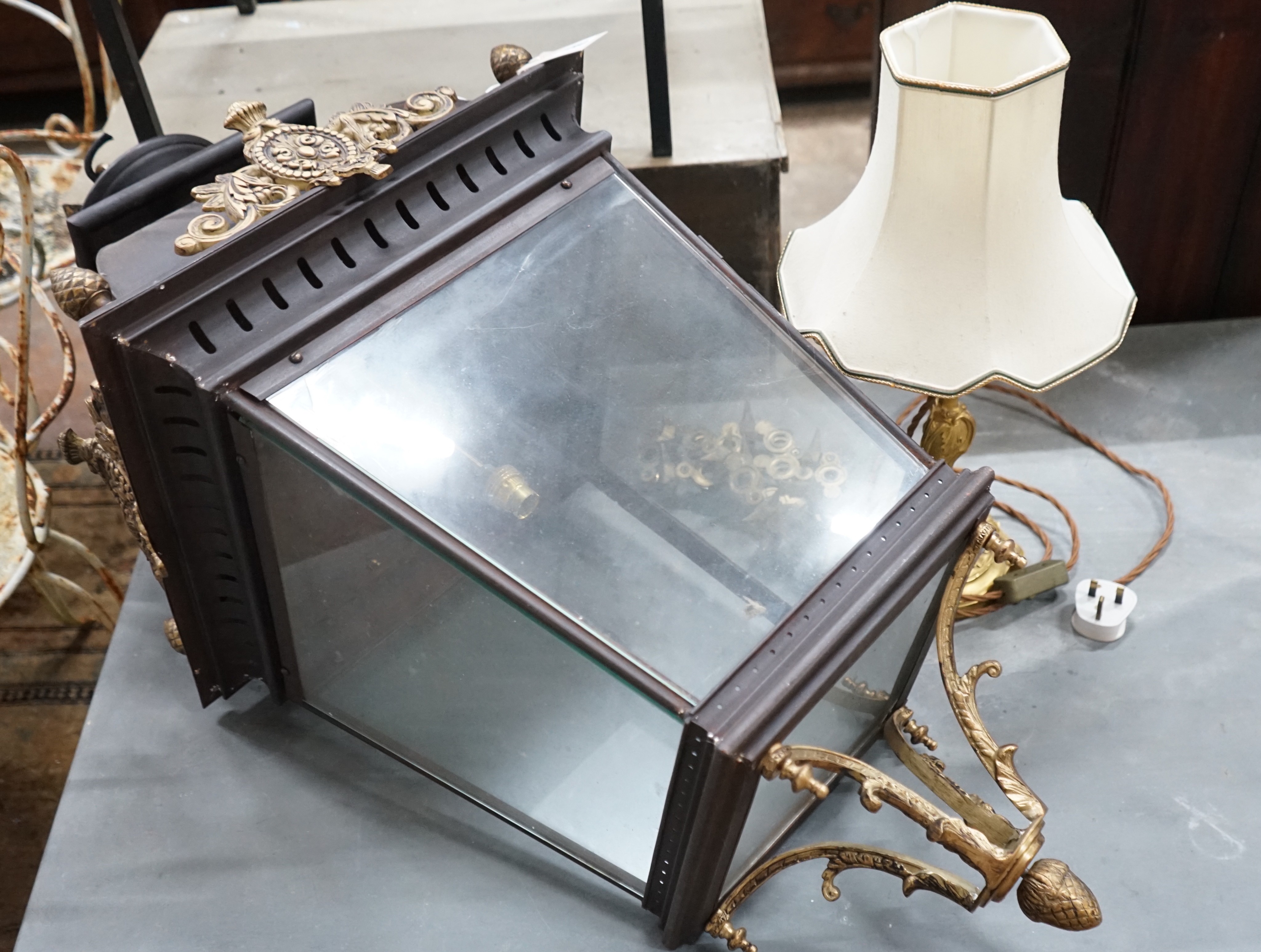 A Victorian style lantern and chain, height 108cm together with a gilt metal table lamp