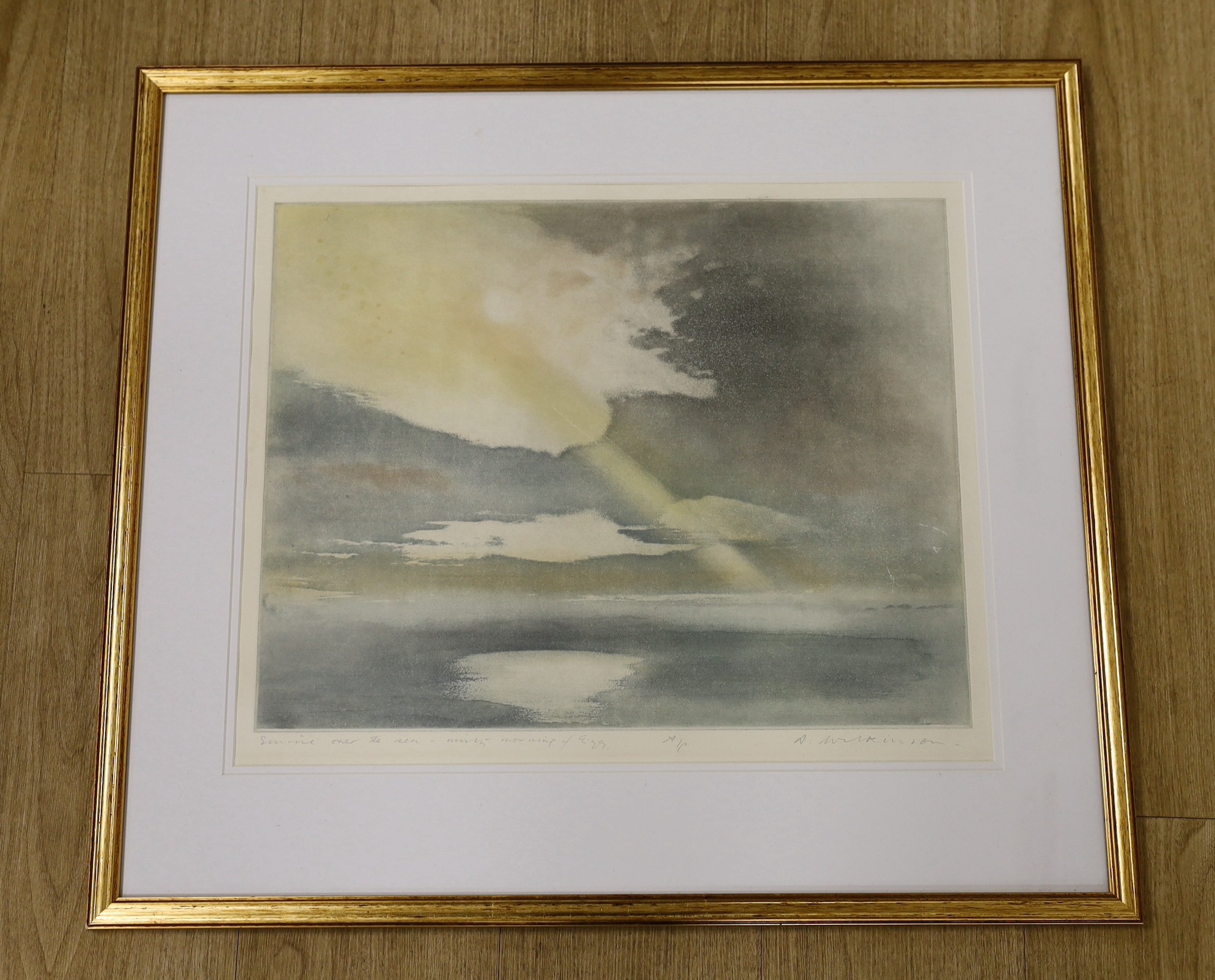 A. Wilkinson, artist proof print, 'Sunrise over the sea - misty morning of Eigg', signed in - Image 2 of 2