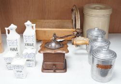 Kitchenalia: A group of French ceramic storage jars and metal canisters, a Danish bread slicer, a