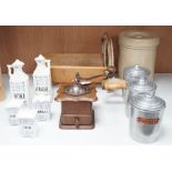 Kitchenalia: A group of French ceramic storage jars and metal canisters, a Danish bread slicer, a