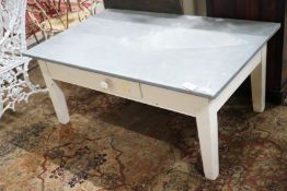 A painted rectangular zinc top coffee table, width 122cm, depth 77cm, height 53cm