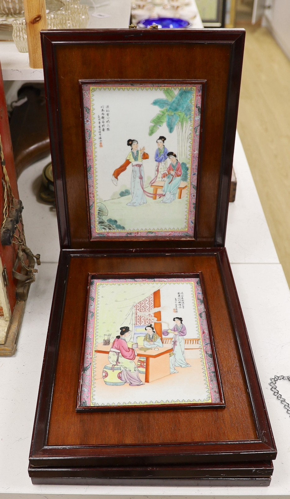 A set of four mid 20th century framed Chinese famille rose plaques, 55x38cm including frame