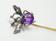 An early 20th century yellow and white metal amethyst and seed pearl set bug stick pin, 4mm, gross