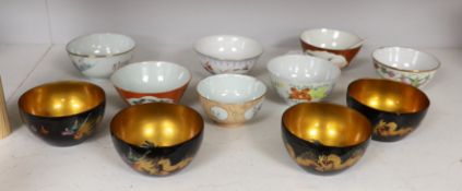 Seven Chinese enamelled porcelain bowls, Republic Period, largest 12.3 cm and four Fuzhou lacquer