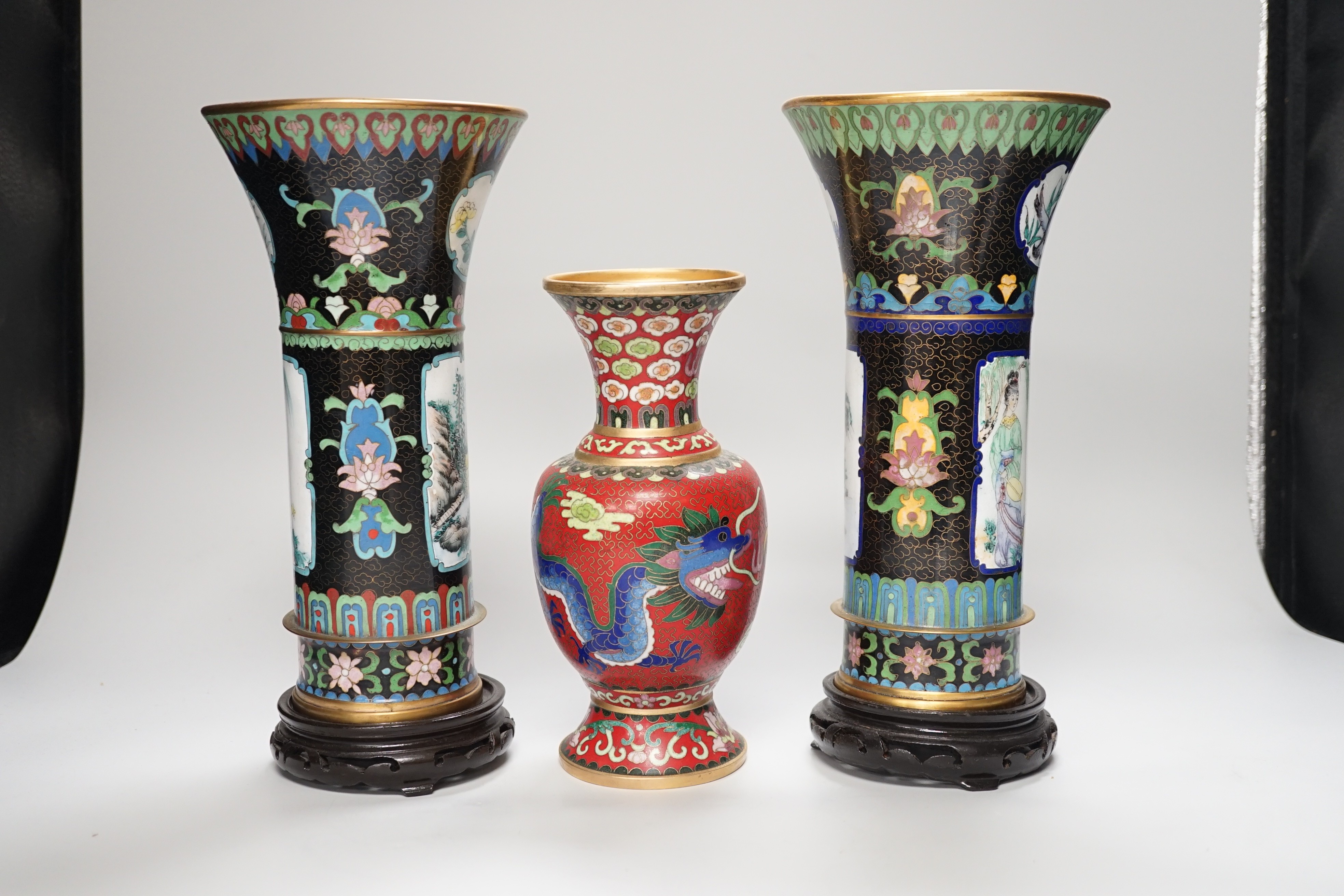 A pair of Chinese cloisonné enamel beaker vases and a dragon vase, pair of vases 27cm - Image 5 of 11