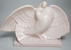A French Art Deco Levan pink crackleware model of a pair of doves, 26cms high x 45cms wide