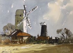 Edward Wesson (1910-1983), ink and watercolour, 'Jack and Jill Mills', Ditchling, signed, 20.5 x
