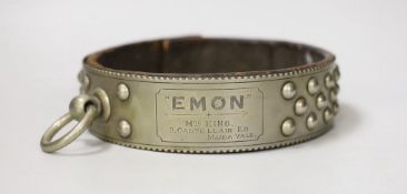 A Victorian nickel studded dog collar engraved 'EMON, MRS KING 9 CASTELLAIN RD. MAIDA VALE', 16.5 cm