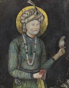 Indian School, ink and watercolour, Portrait of a nobleman holding a hawk, 10 x 8cm