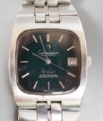 A gentleman's early 1970's stainless steel Omega Constellation chronometer black dial wrist watch,