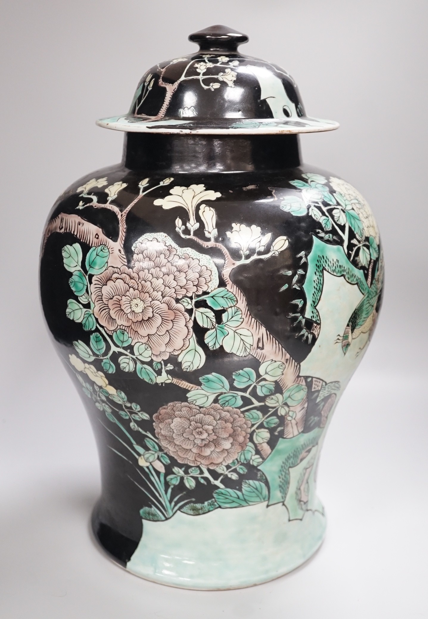 A large Chinese famille noire vase and cover, 42cm